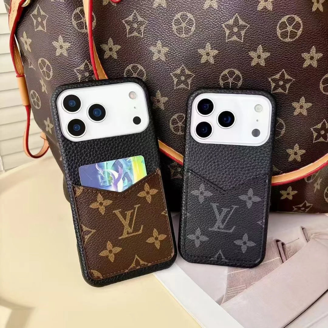 Luxury iPhone 17 Pro Max cases with monogram cardholder design, inspired style, on leather bag