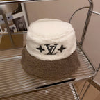 Lamb Wool Colorblock Embroidered Bucket Ha