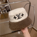 Lamb Wool Colorblock Embroidered Bucket Ha