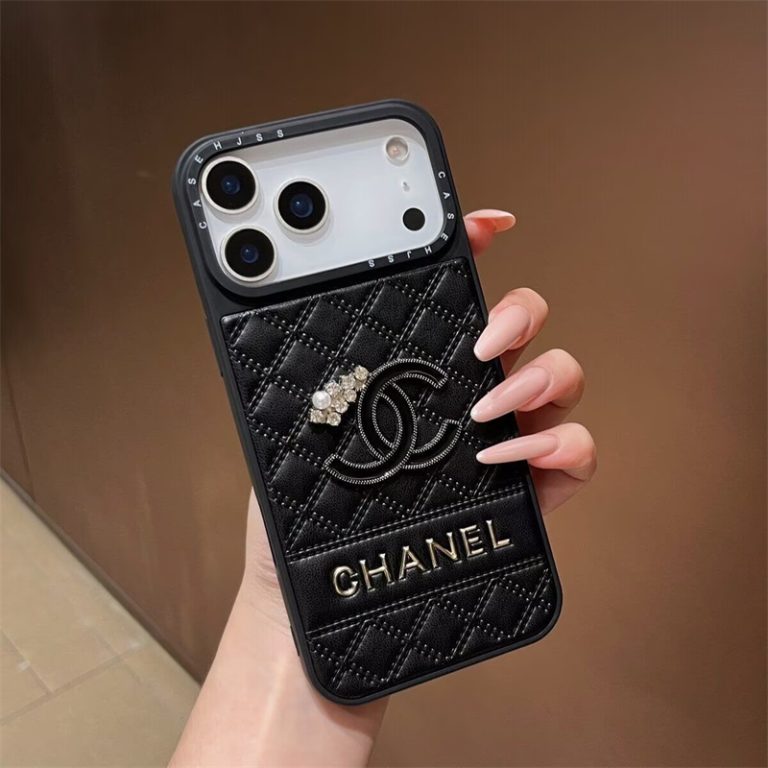 Black Chanel designer iPhone case with quilted finish