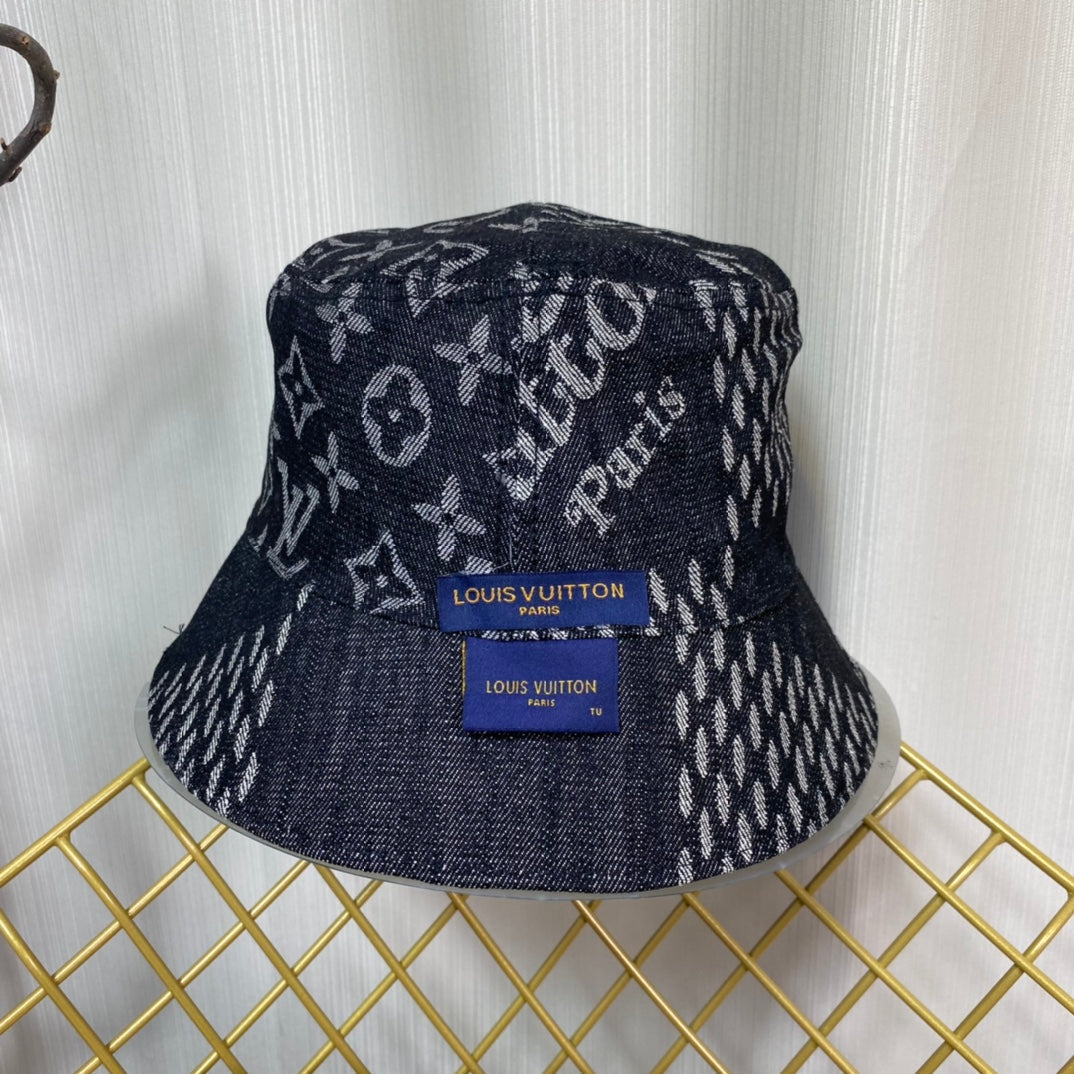 Louis Vuitton bucket hat with monogram pattern on a white background