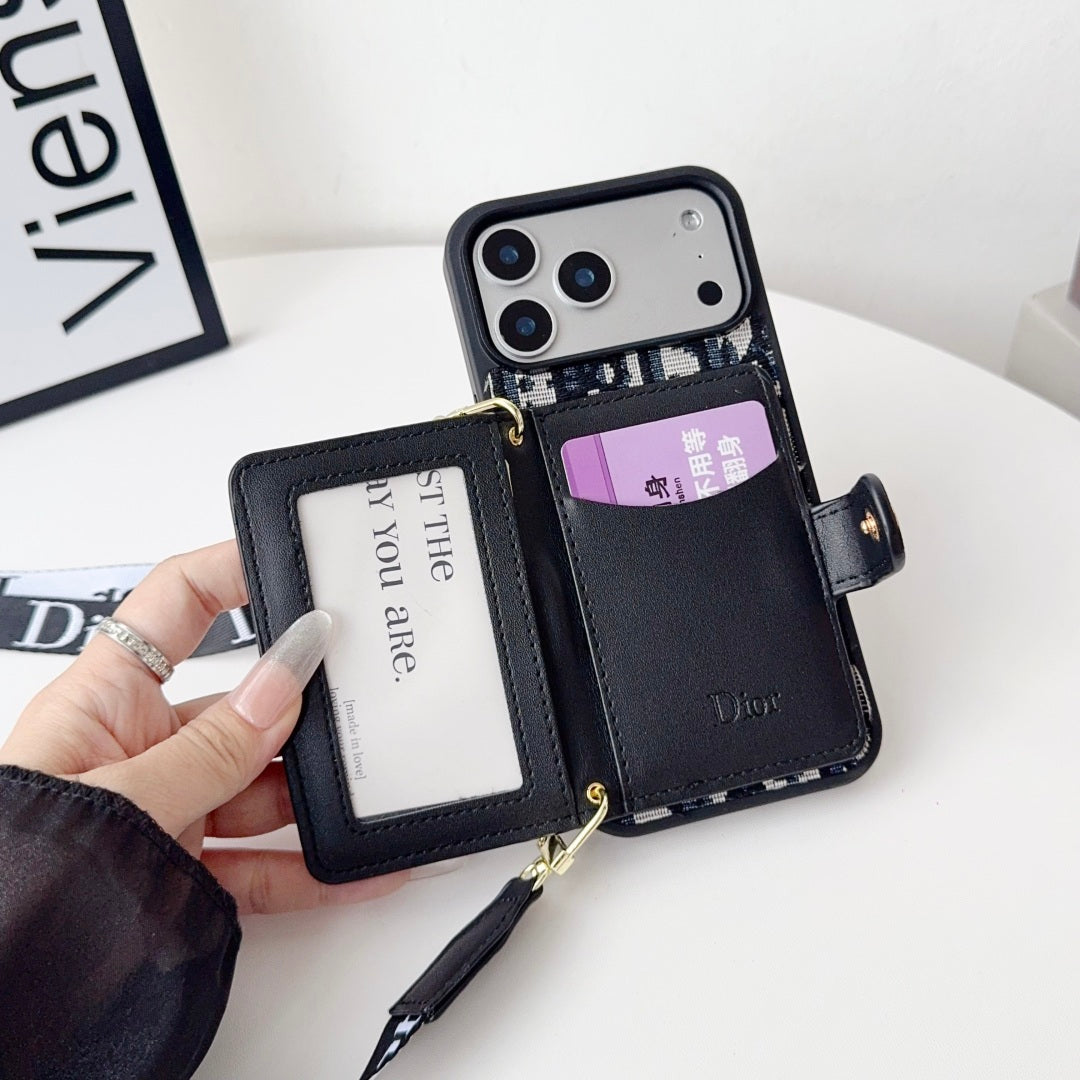 Blue Dior iPhone 17 Pro Max case with card holder