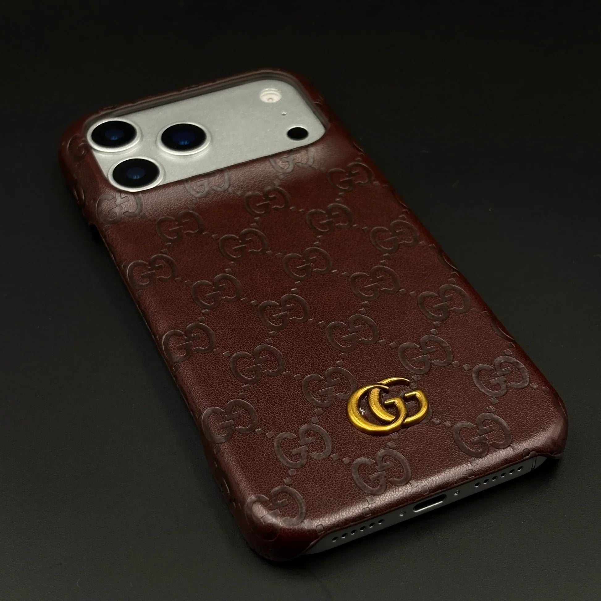 Luxury Gucci iPhone 17 Pro Max Case | GG Monogram Leather White Brown