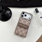 Brown Gucci GG iPhone case with strap front view