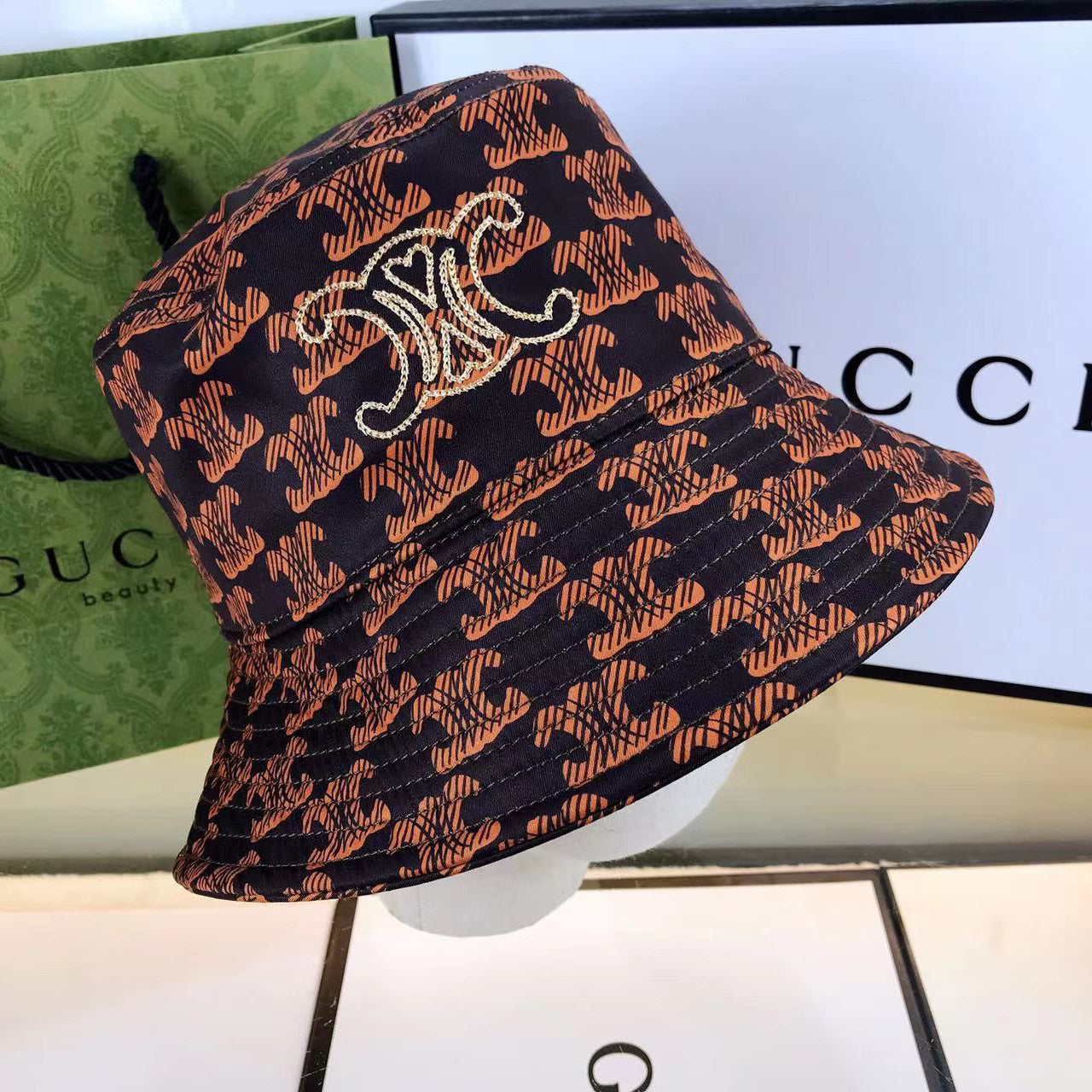 CELINE embroidered monogram bucket hat brown