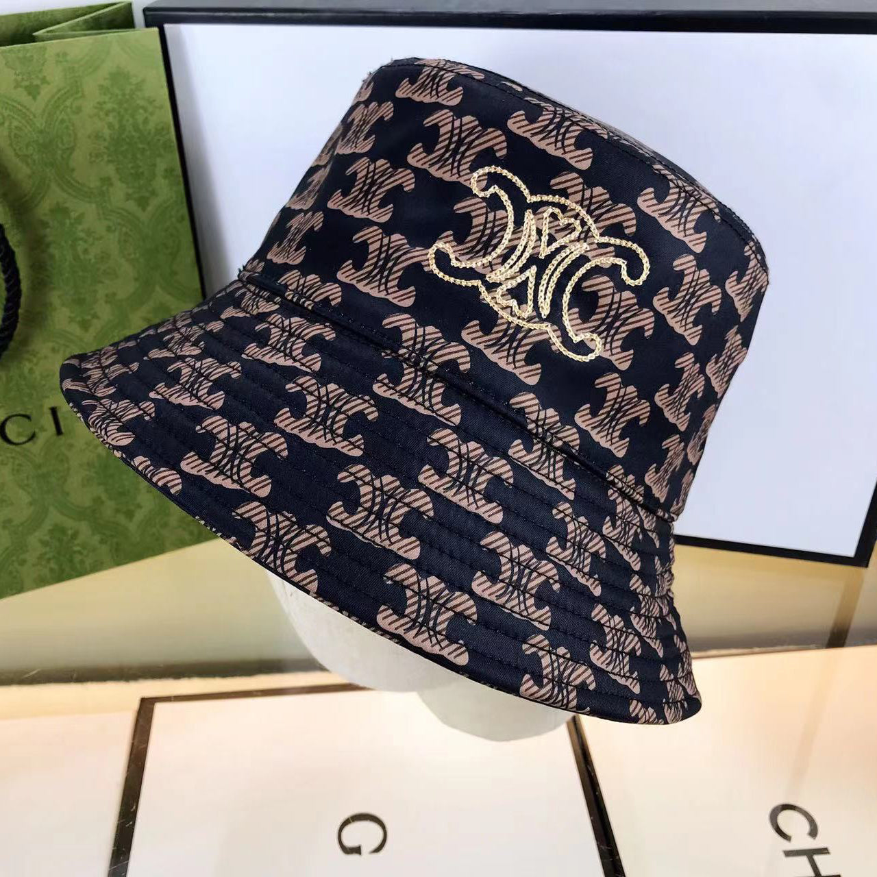 CELINE embroidered monogram bucket hat khaki