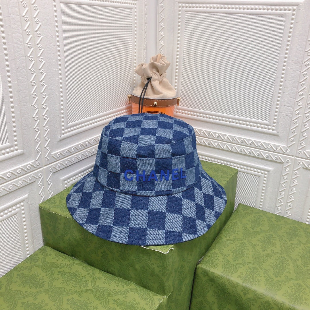 Chanel quilted denim bucket hat midnight blue front view