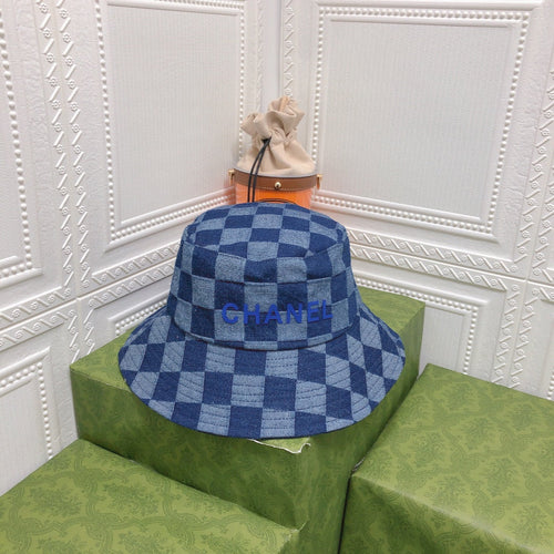 Chanel quilted denim bucket hat midnight blue front view