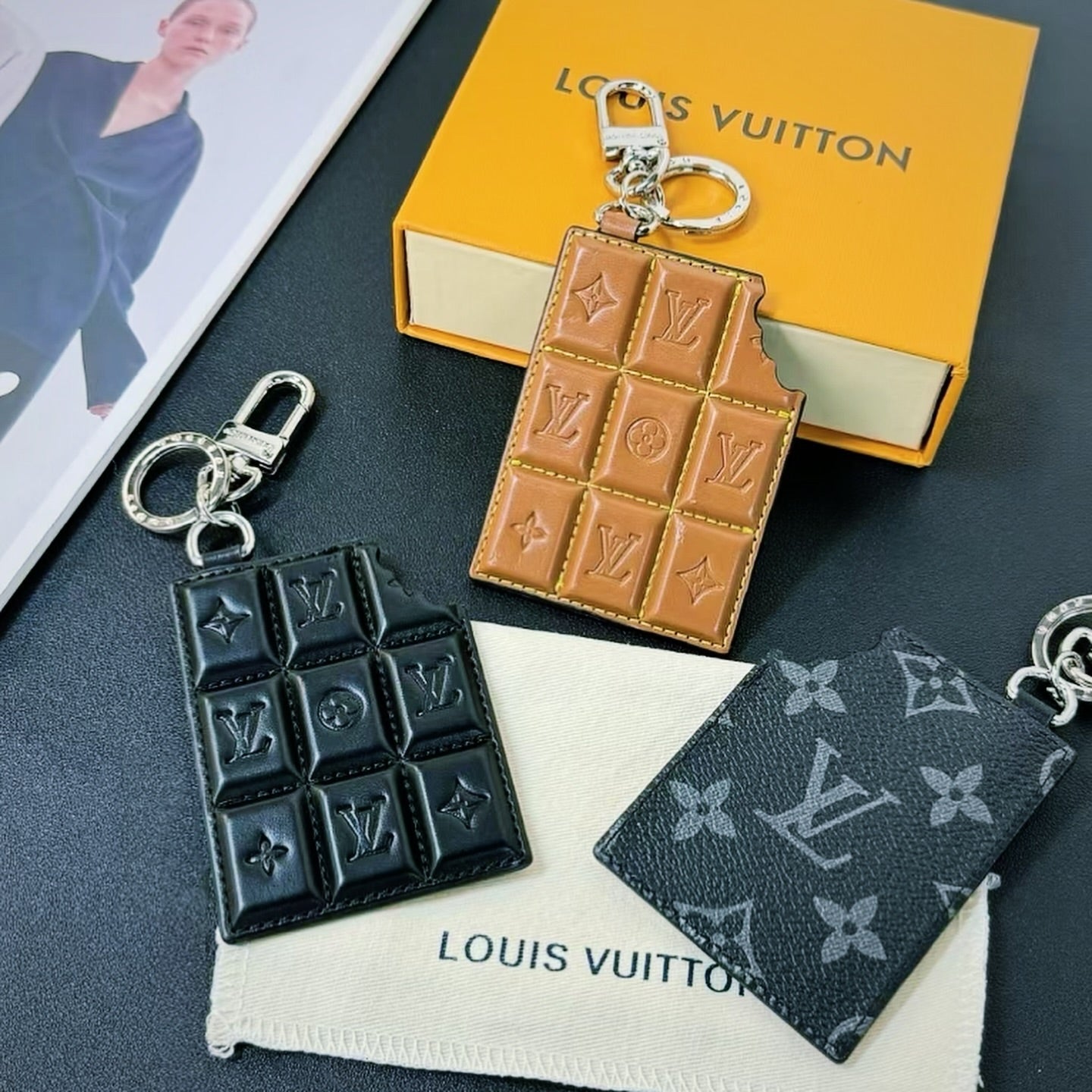 Damier Leather Keychain