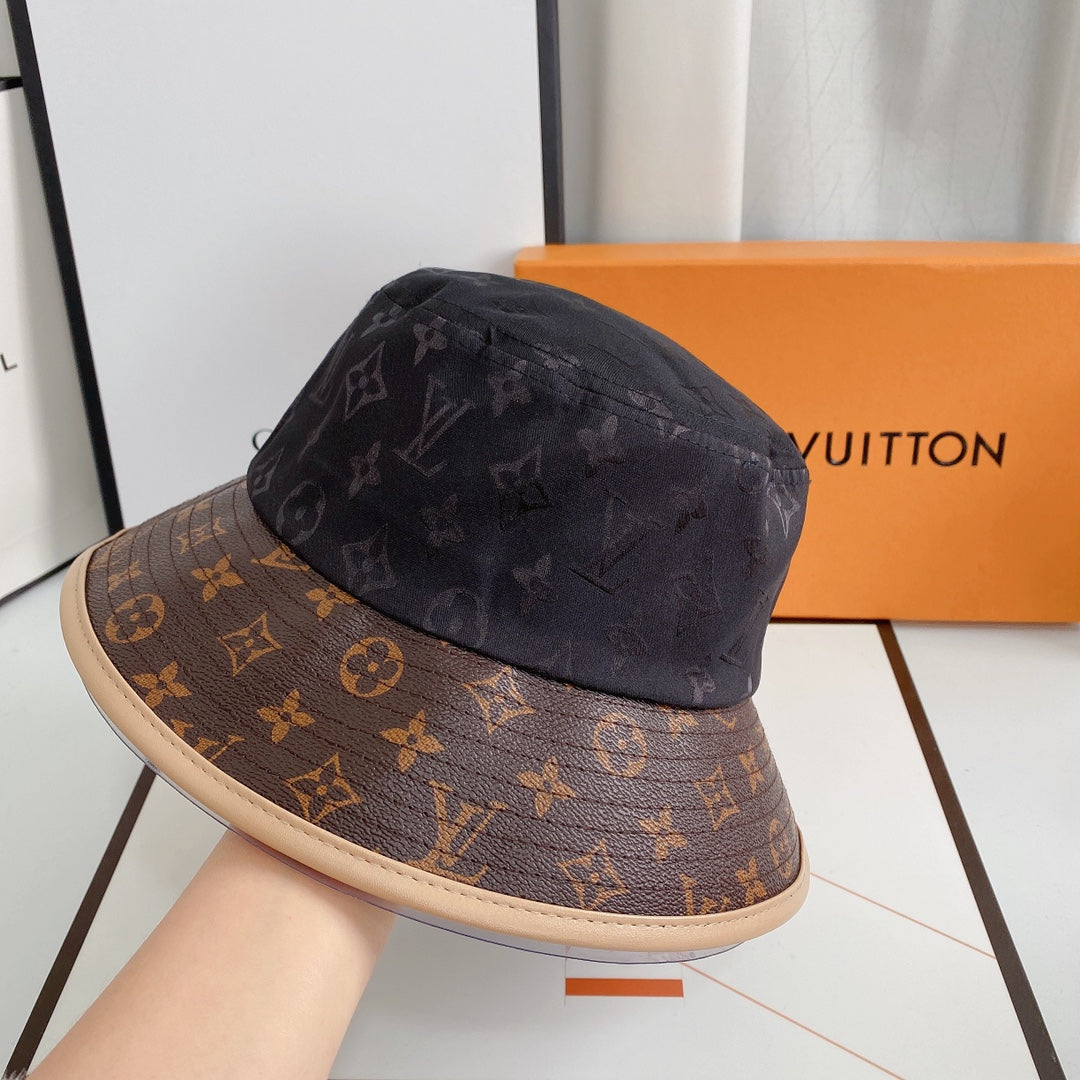 Designer Louis Vuitton bucket hat angled view