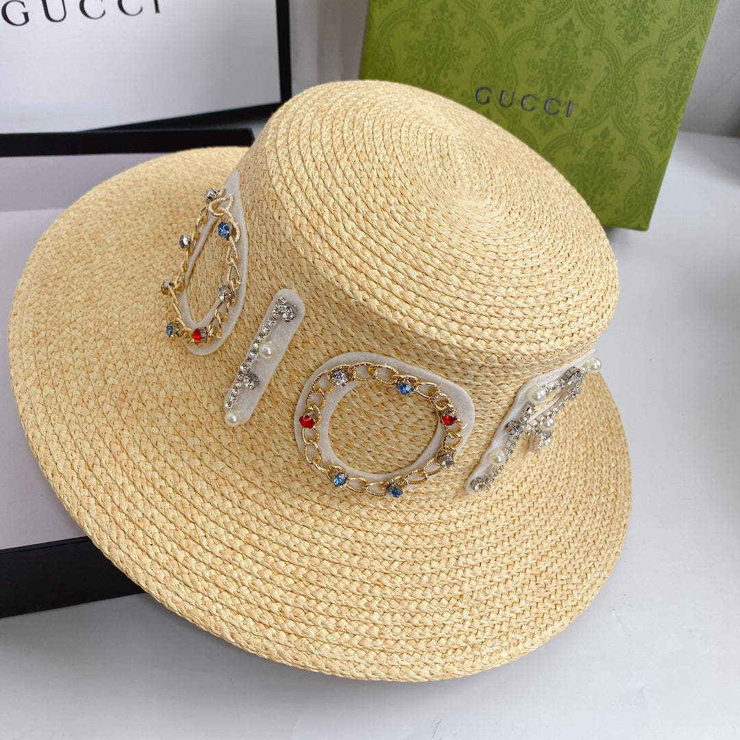 Dior designer straw hat angled view
