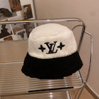Lamb Wool Colorblock Embroidered Bucket Ha