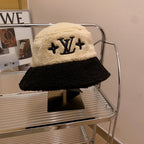 Lamb Wool Colorblock Embroidered Bucket Ha