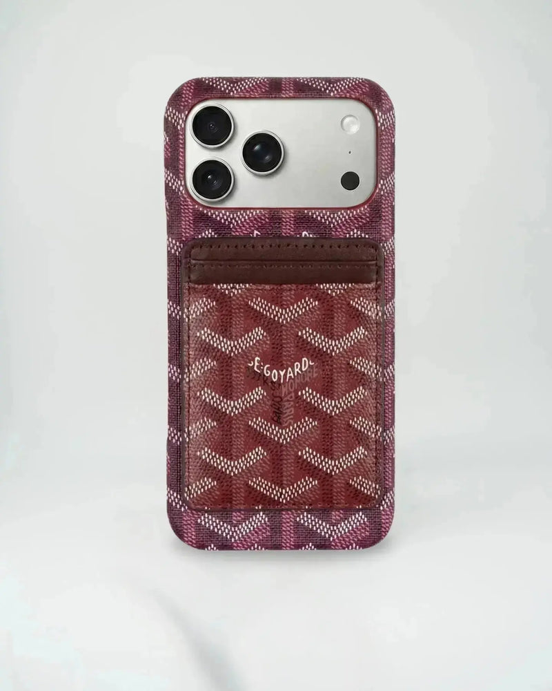Burgundy Goyard iPhone 17 Pro Max MagSafe Case with Cardholder, Goyard Pattern - NUVALOVA