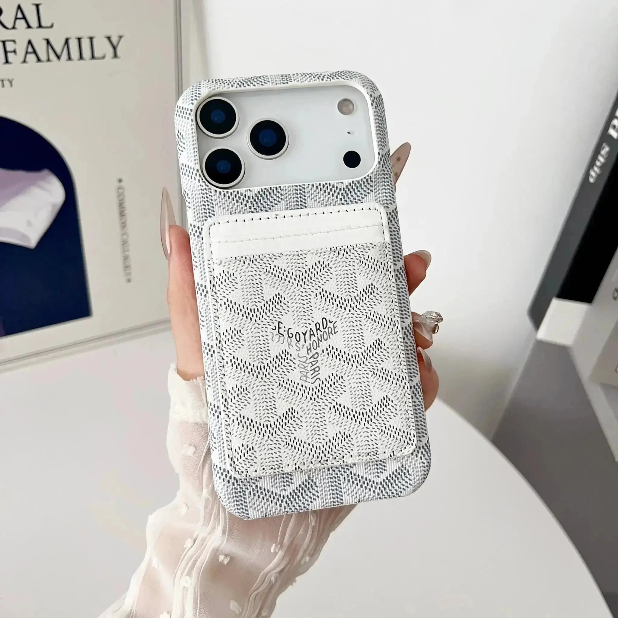White Goyard iPhone 17 Pro Max MagSafe Case with Cardholder, Goyard Pattern - NUVALOVA