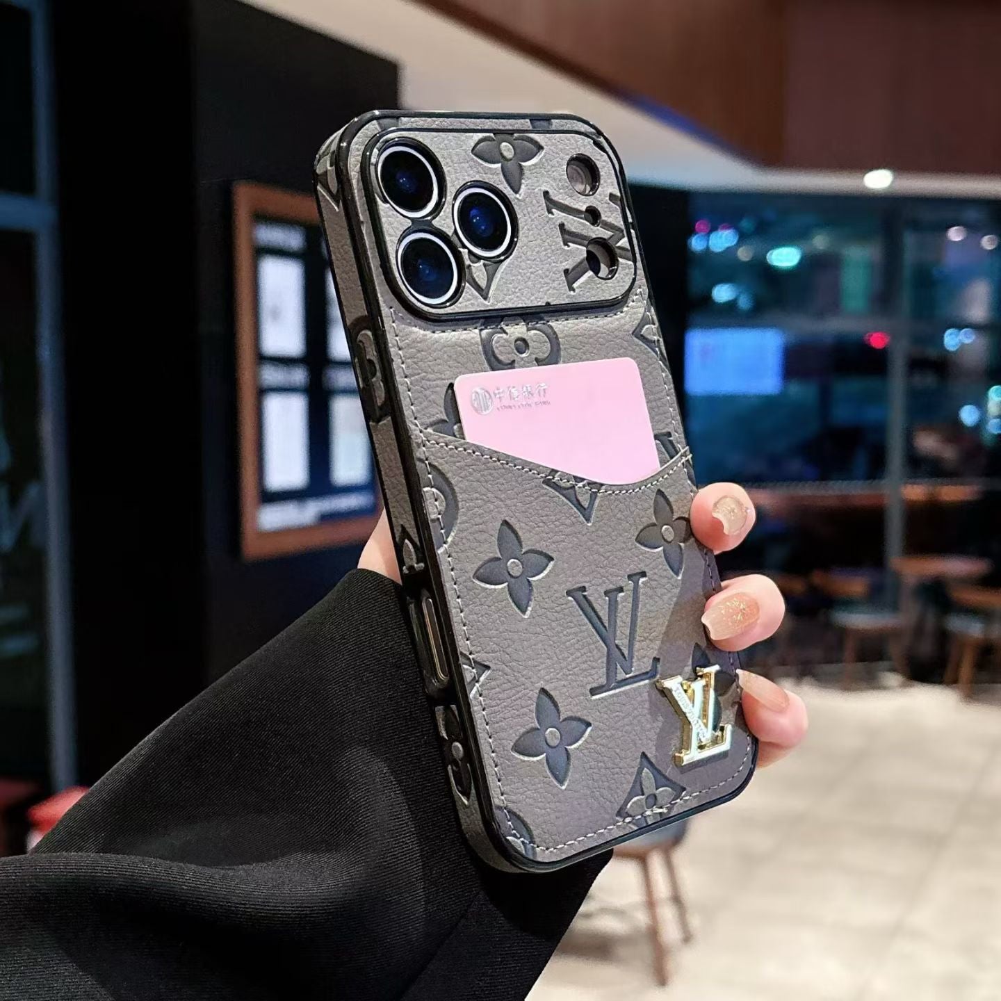 Grey Louis Vuitton monogram iPhone case with card holder