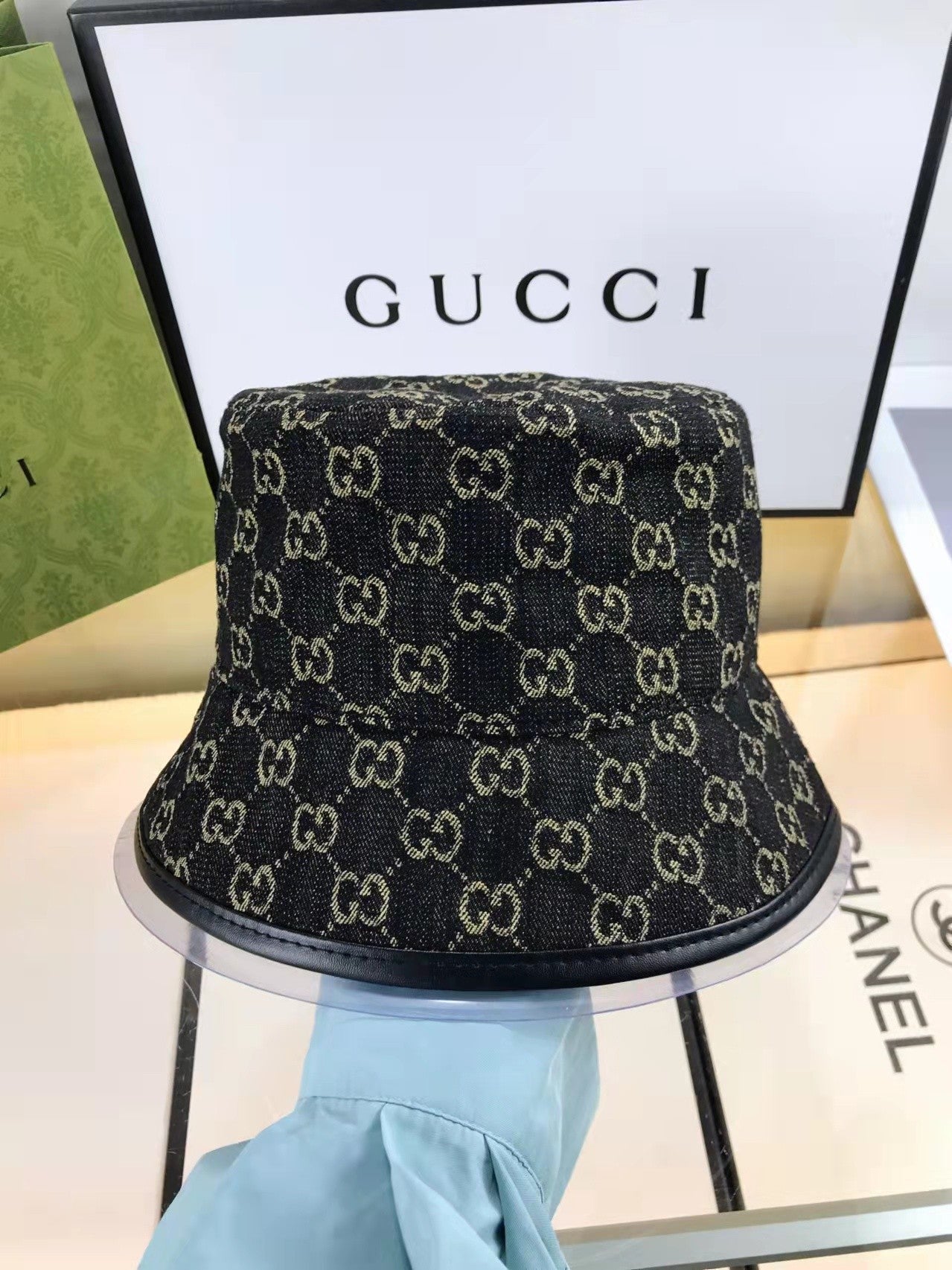 Gucci GG monogram denim hat detail