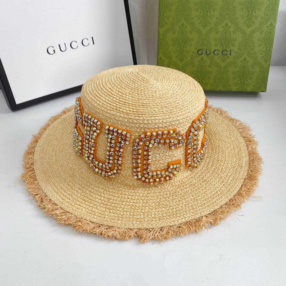 Gucci GG raffia frayed edge straw sun hat front view