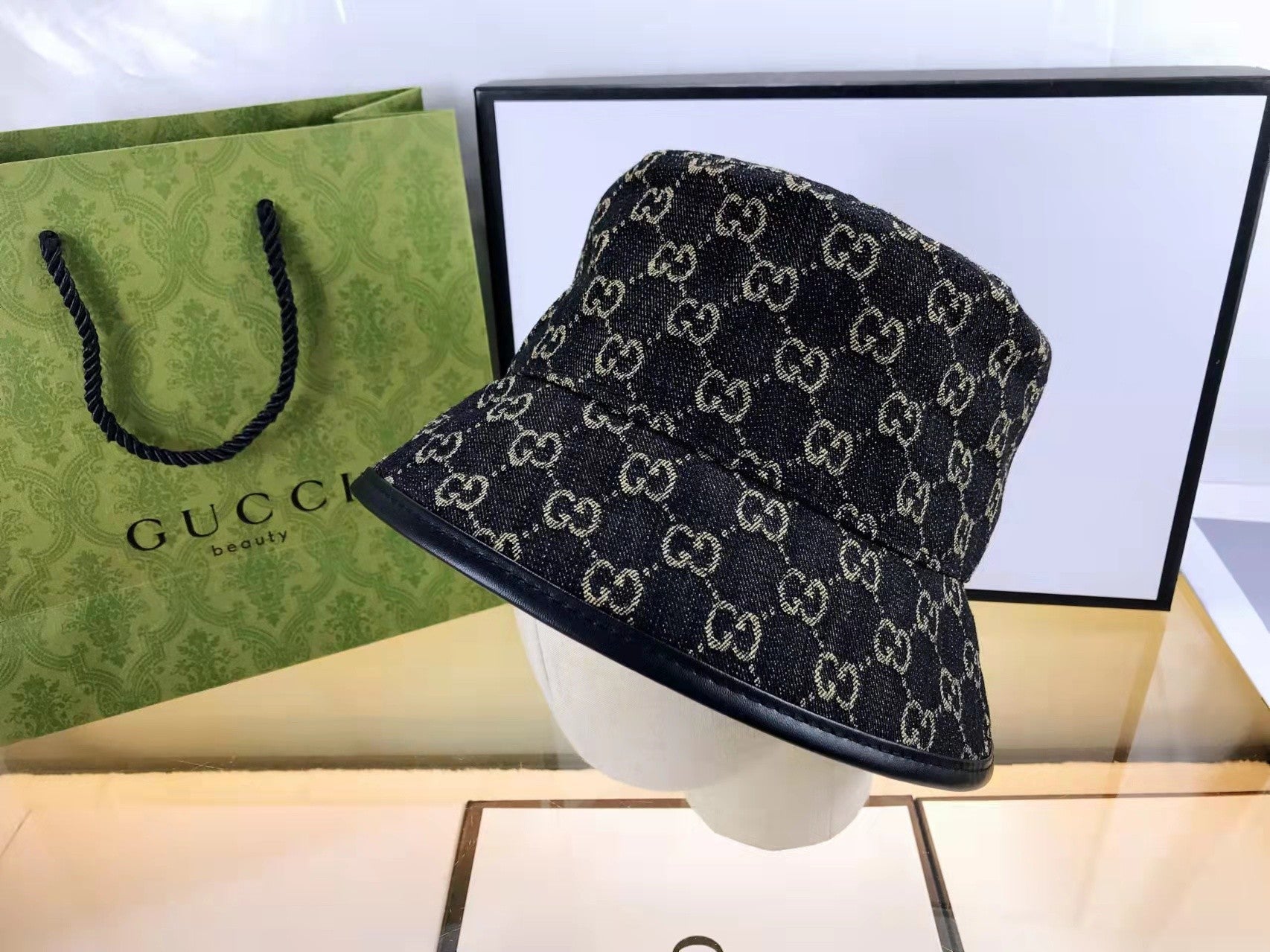 Gucci denim bucket hat classic black front view