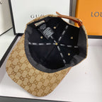 Beige Gucci cap with logo pattern on a white surface