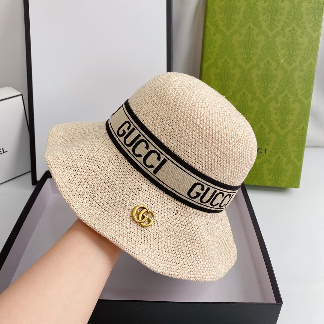 Gucci woven hemp bucket hat sand beige front view
