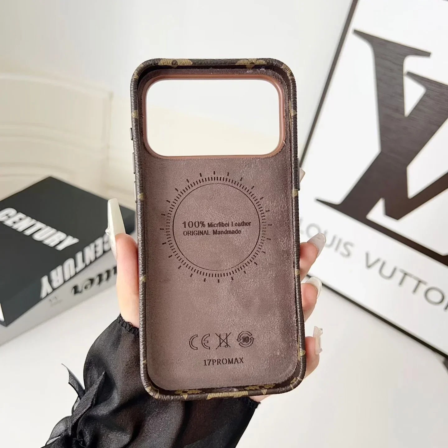 Louis Vuitton iPhone 17 Pro Max Case with Cardholder – Brown Monogram Red Trim Leather