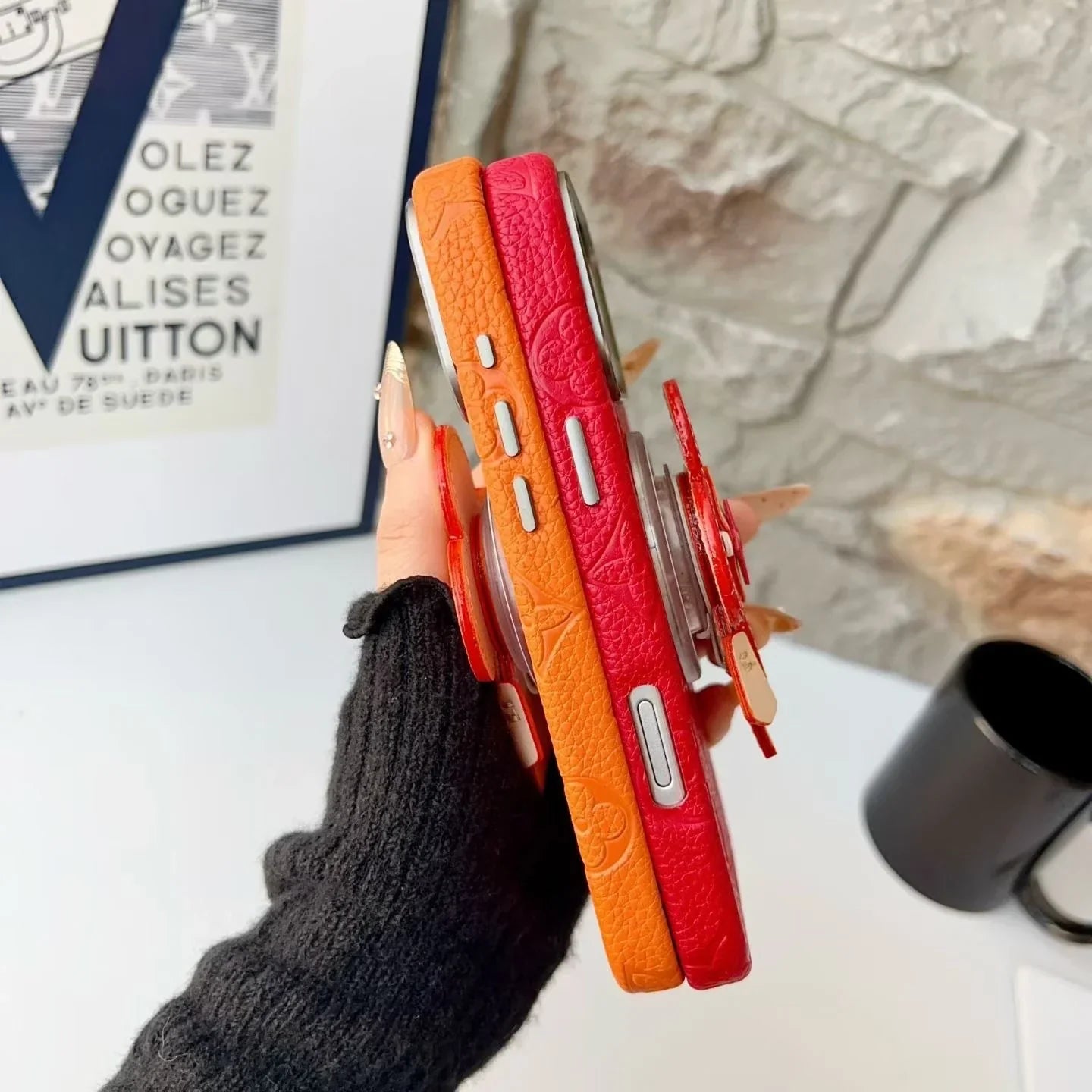 Louis Vuitton iPhone 17 Pro Max Case MagSafe Leather with Flower Grip – Orange
