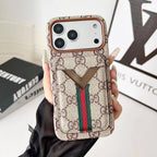 Louis Vuitton iPhone 17 Pro Max Case with Cardholder – Brown Monogram Red Trim Leather