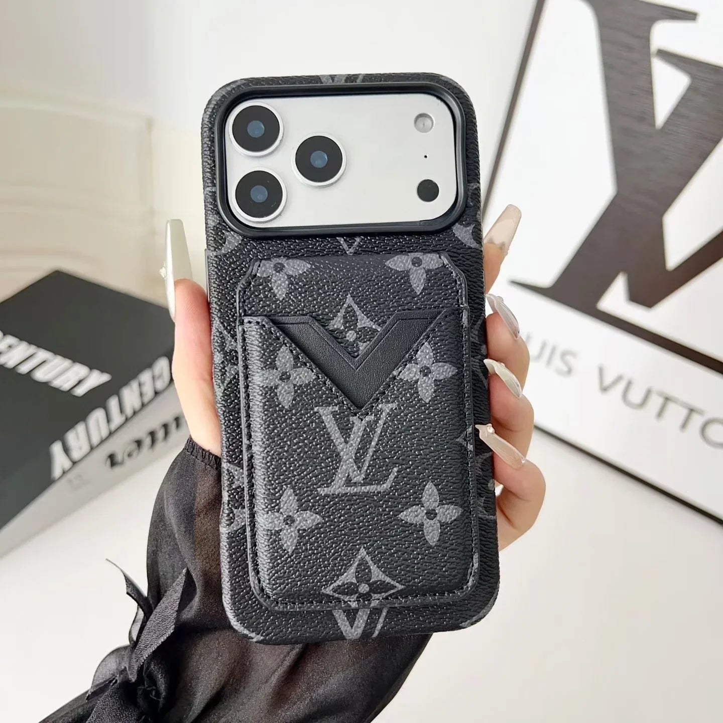 Louis Vuitton iPhone 17 Pro Max Case with Cardholder – Brown Monogram Red Trim Leather