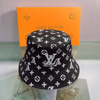 Louis Vuitton black monogram bucket hat with white LV pattern