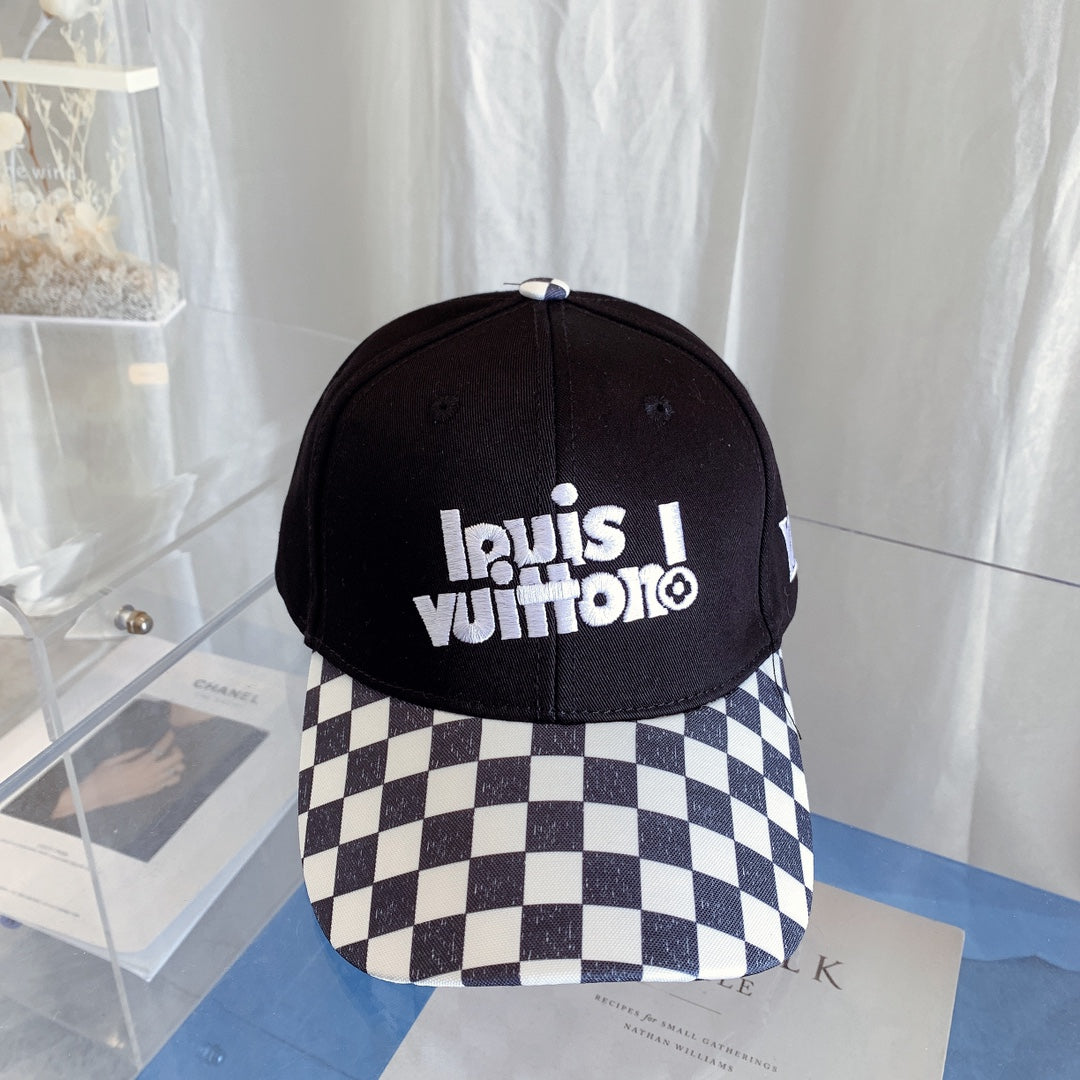Louis Vuitton checkered baseball cap black white front view