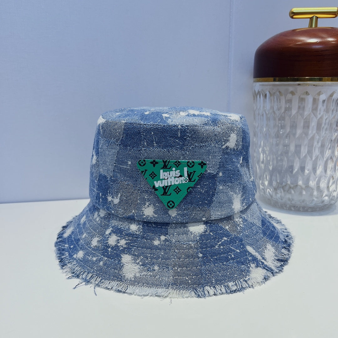 Louis Vuitton distressed denim bucket hat vintage blue front view