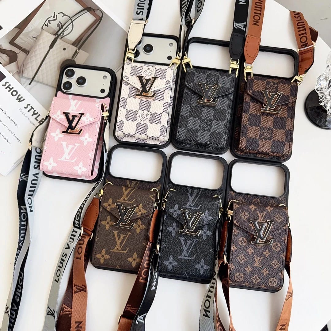 Collection of Louis Vuitton phone cases with lanyards on a white background