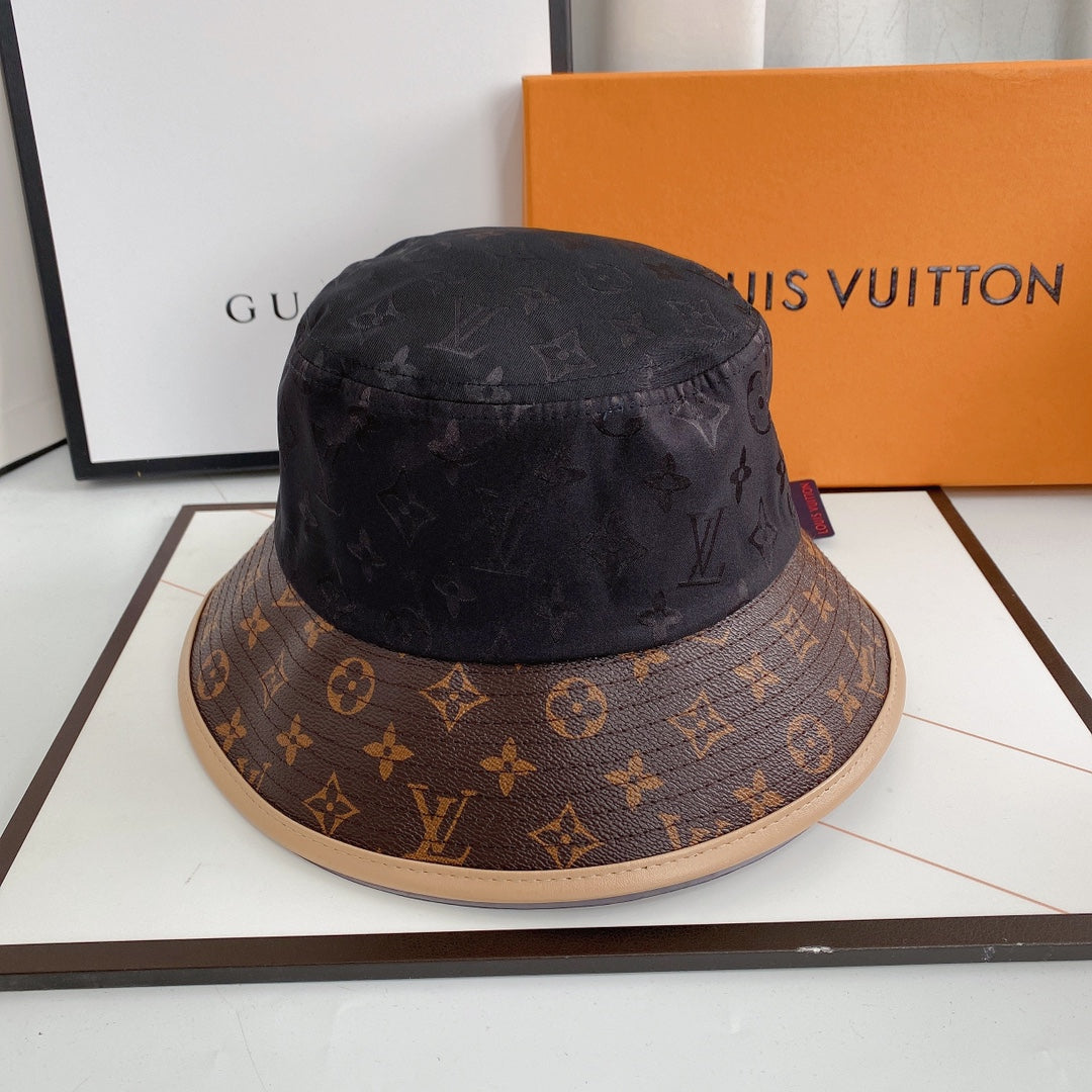 Louis Vuitton monogram denim leather bucket hat black front view