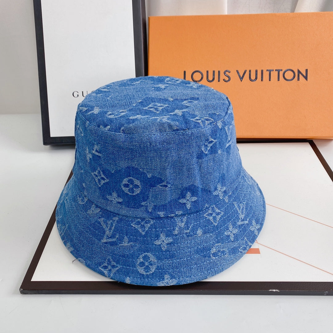 Louis Vuitton monogram jacquard denim bucket hat vintage blue front view