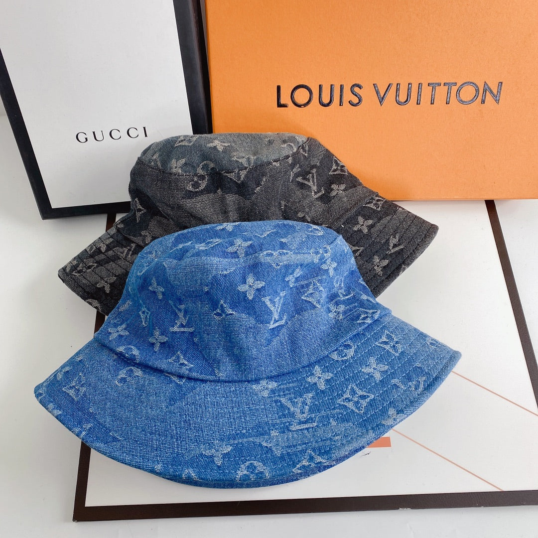 Louis Vuitton premium denim bucket hat angled view