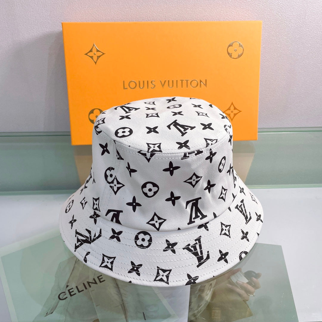 Louis Vuitton white monogram bucket hat with black LV pattern
