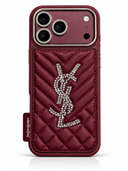 Luxury Burgundy Saint Laurent case for iPhone 18 Pro – lifestyle view