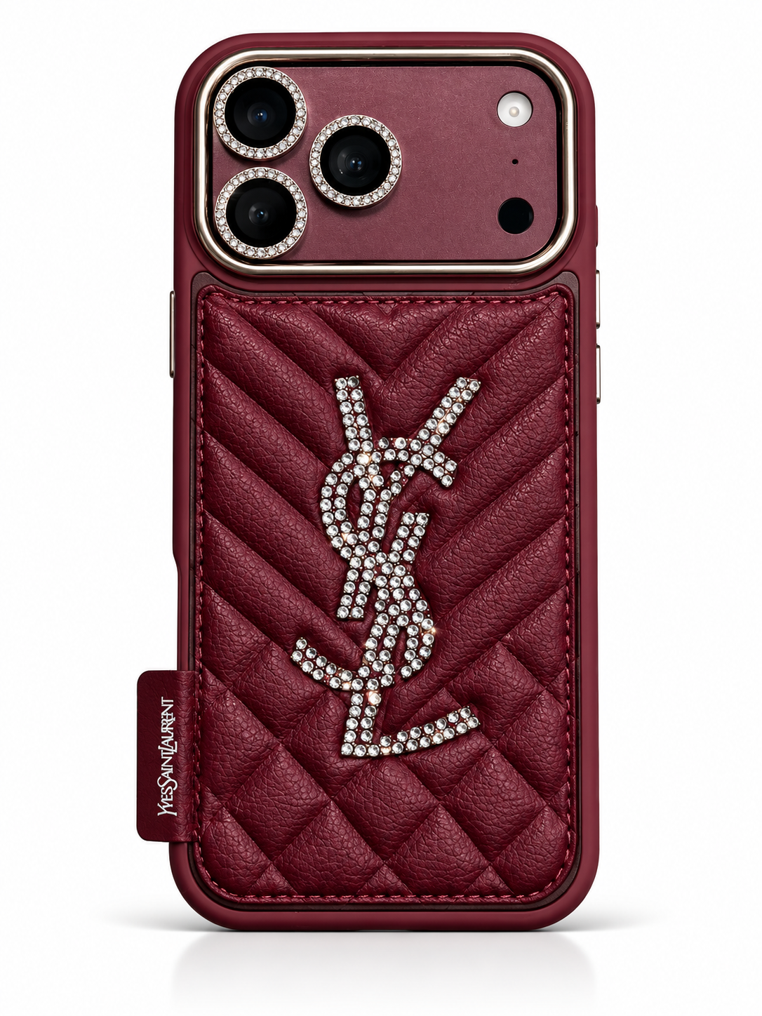 Luxury Burgundy Saint Laurent case for iPhone 18 Pro – lifestyle view