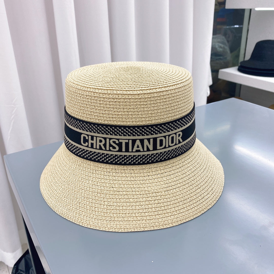 Luxury Dior woven straw bucket hat sand beige