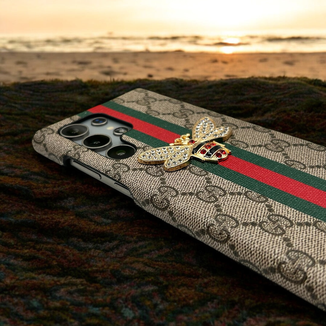 Luxury Gucci Bee Samsung Case Beige Leather Cover