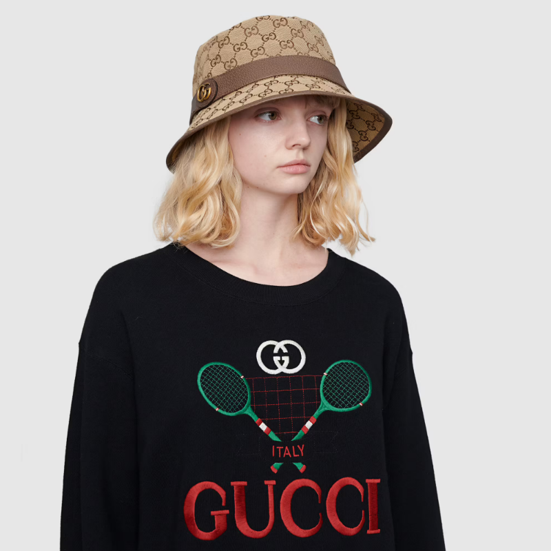 Luxury Gucci canvas bucket hat with leather buckle
