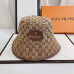 Luxury Gucci embroidered bucket hat espresso brown front view