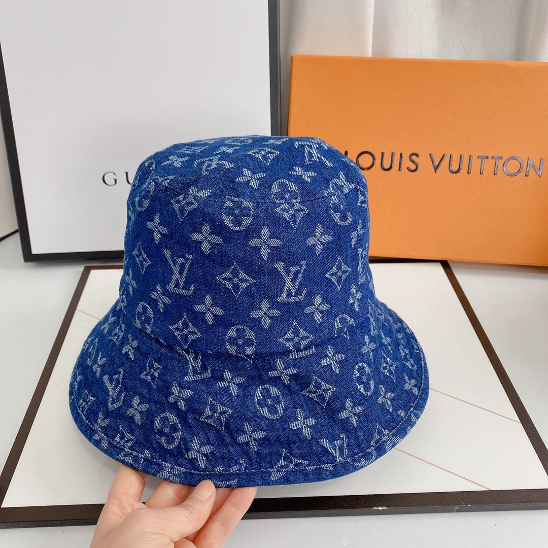 Luxury LV monogram denim bucket hat front view
