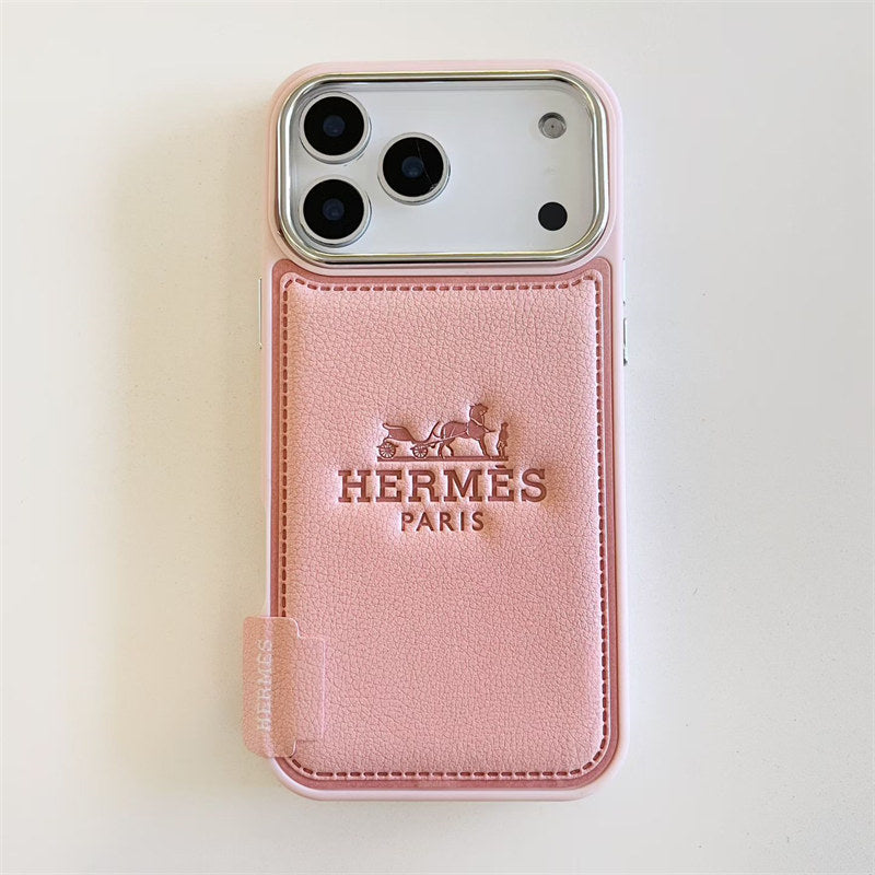 Pink Hermès leather phone case with card holder pocket