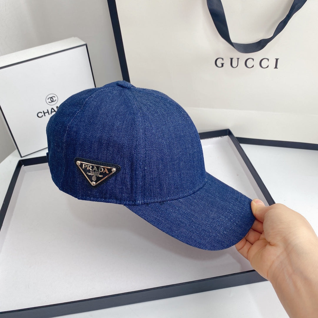 Prada dark denim baseball cap front view