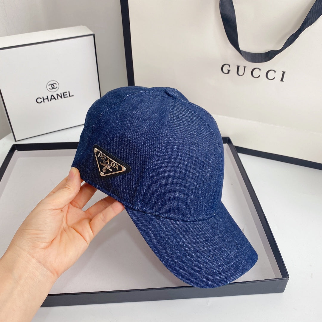 Prada designer denim cap side view