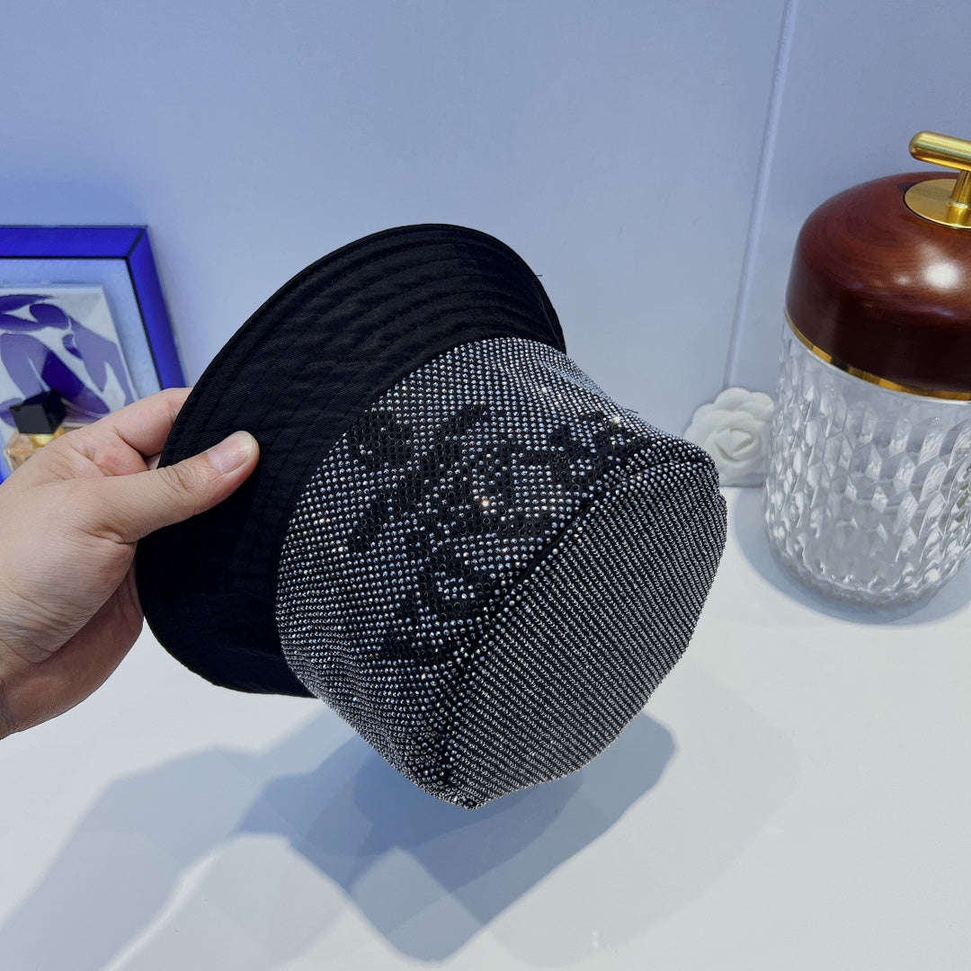 Prada designer rhinestone bucket hat side view