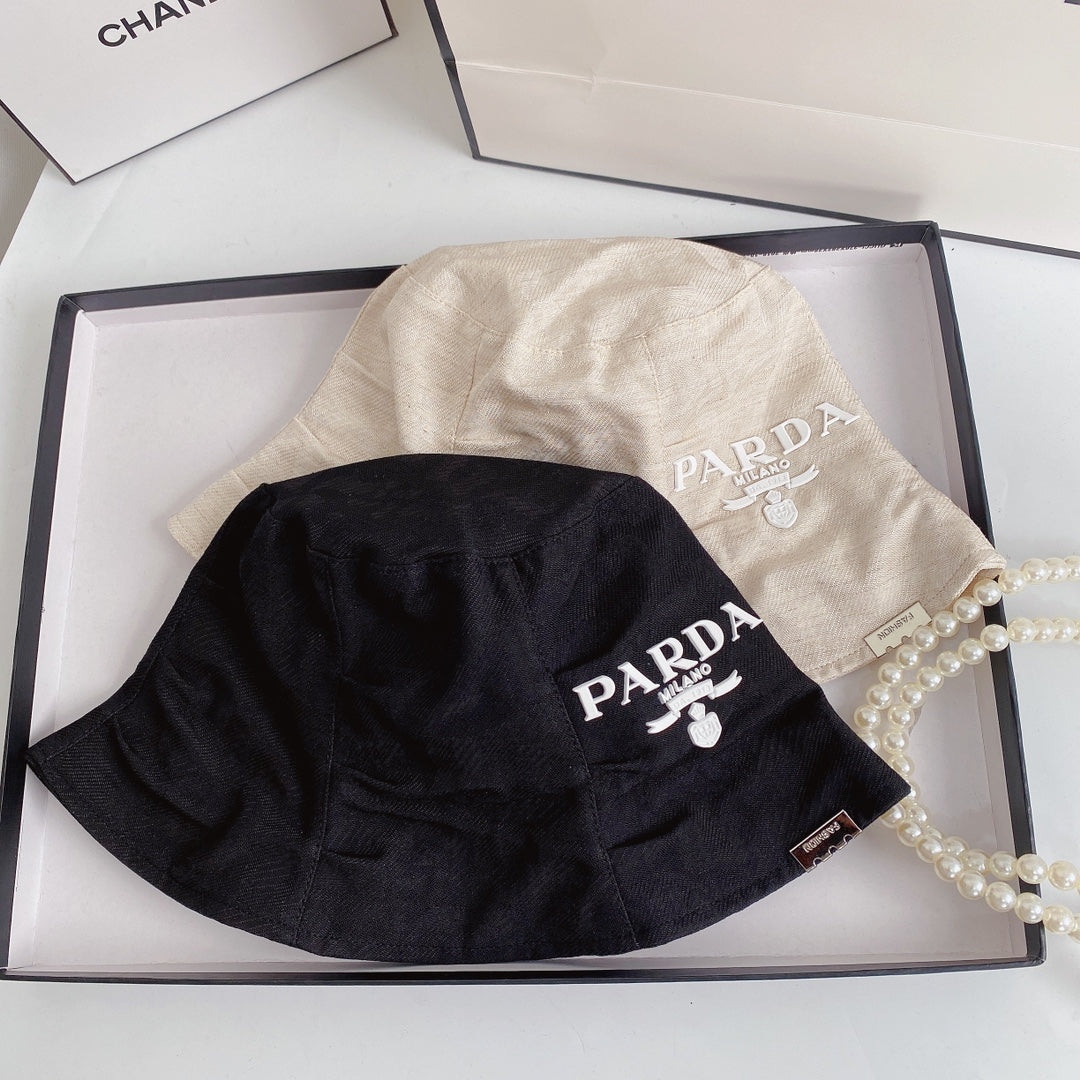 Prada embroidered drill bucket hat side view