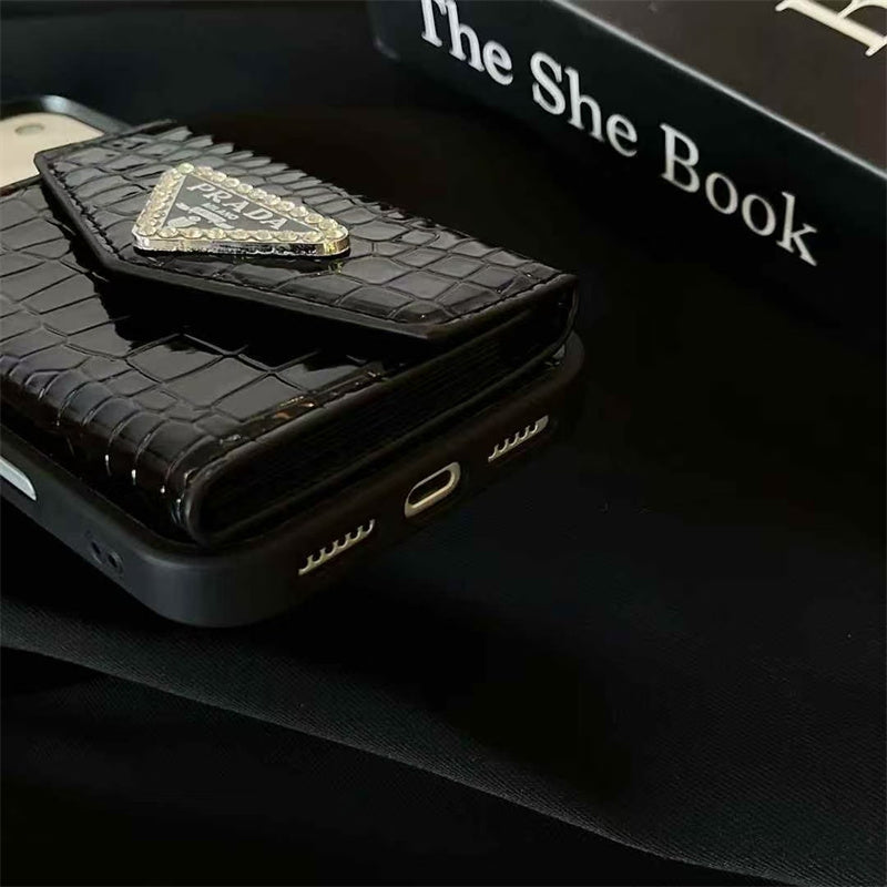 Prada iPhone 17 Pro Max wallet case detail shot
